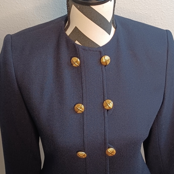 Vintage Navy Blue Military Chic 100% Wool Double Breasted Structured Jacket - Picture 4 of 15